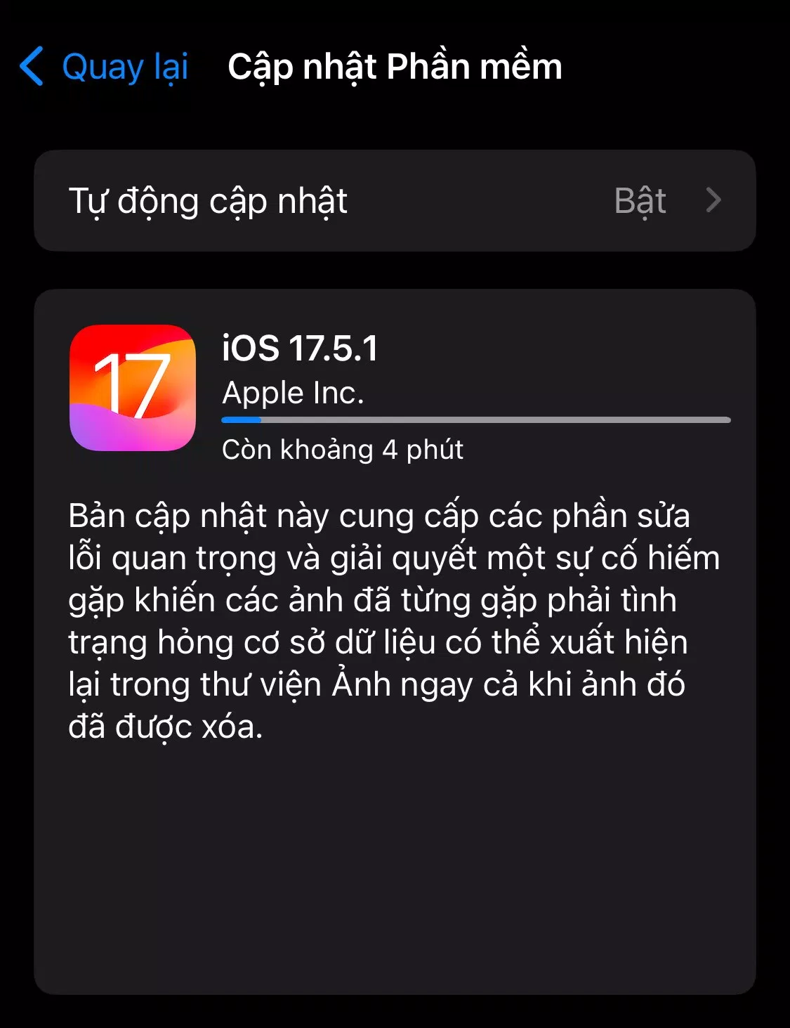 Hình ảnh cập nhật của iOS 17.5.1, Apple đã giải thích về bản cập nhật này (Ảnh: Internet)