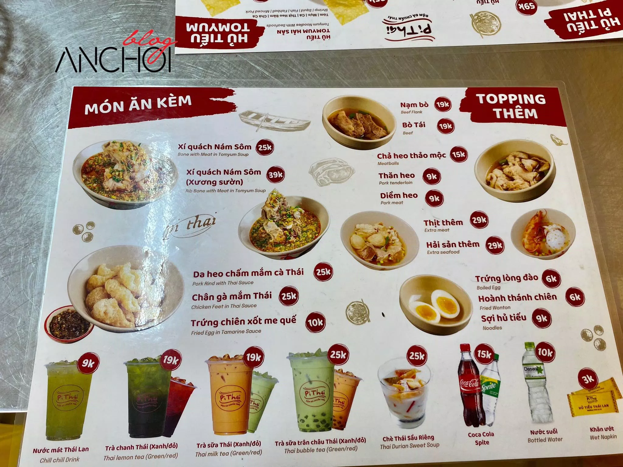 Menu quán hủ tiếu Thái Lan Pi Thai (nguồn: BlogAnChoi)