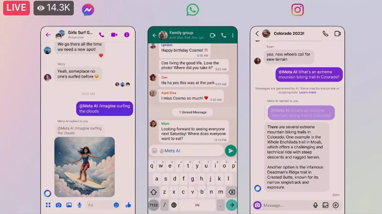 Meta AI đã được thêm vào các ứng dụng trò chuyện của Meta (Messenger, WhatsApp, Instagram) (Ảnh: Internet) Meta AI đã được thêm vào các ứng dụng trò chuyện của Meta (Messenger, WhatsApp, Instagram) (Ảnh: Internet)