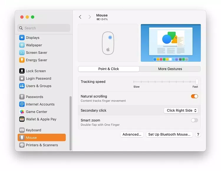 Cài đặt chuột trong hệ điều hành macOS với nút chuột phụ đang hoạt động (Ảnh: Internet)