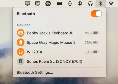 Ứng dụng thanh menu Bluetooth của macOS cho thấy lượng pin còn lại của các thiết bị được kết nối với máy, bao gồm cả chuột Magic Mouse (Ảnh: Internet) Ứng dụng thanh menu Bluetooth của macOS cho thấy lượng pin còn lại của các thiết bị được kết nối với máy, bao gồm cả chuột Magic Mouse (Ảnh: Internet)