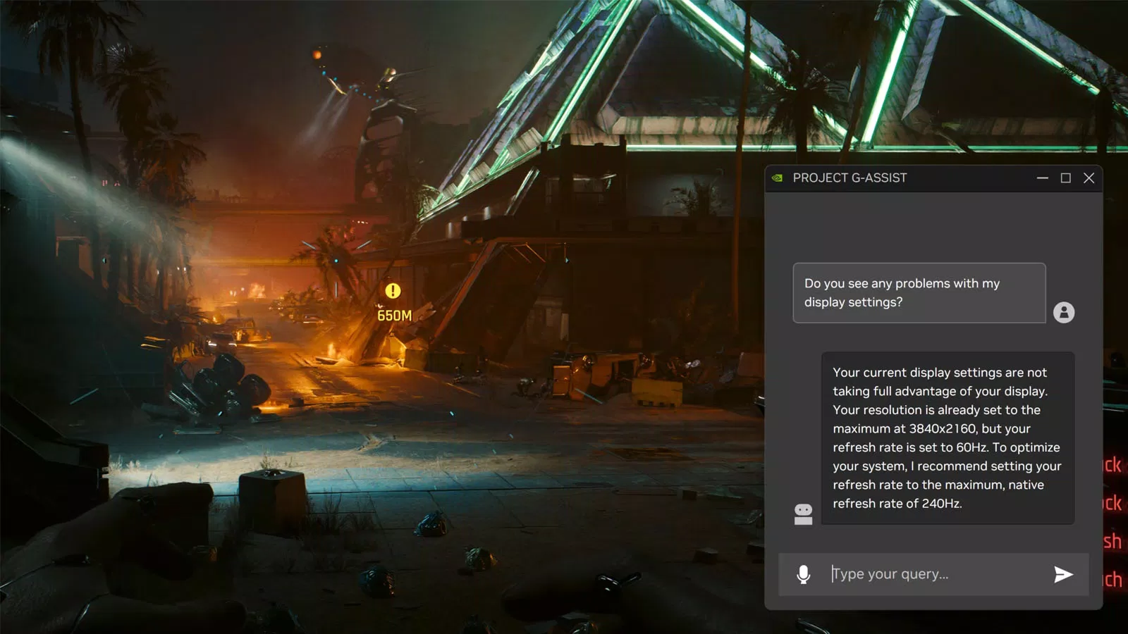 Nếu bạn đang chơi game với mức 60FPS trong khi màn hình có thể hiển thị tối đa 240Hz, G-Assist sẽ đề xuất điều chỉnh cài đặt game phù hợp để bạn tận dụng tối đa tiềm năng của màn hình (Ảnh: Internet) Nếu bạn đang chơi game với mức 60FPS trong khi màn hình có thể hiển thị tối đa 240Hz, G-Assist sẽ đề xuất điều chỉnh cài đặt game phù hợp để bạn tận dụng tối đa tiềm năng của màn hình (Ảnh: Internet)
