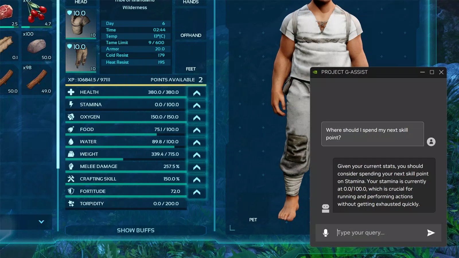Ví dụ, khi được hỏi về vũ khí khởi đầu tốt nhất trong ARK: Survival Ascended cùng vị trí tìm kiếm nguyên liệu chế tạo, G-Assist không chỉ gợi ý cây giáo mà còn cung cấp thông tin chi tiết về sát thương và cách thức tạo ra nó (Ảnh: Internet) Ví dụ, khi được hỏi về vũ khí khởi đầu tốt nhất trong ARK: Survival Ascended cùng vị trí tìm kiếm nguyên liệu chế tạo, G-Assist không chỉ gợi ý cây giáo mà còn cung cấp thông tin chi tiết về sát thương và cách thức tạo ra nó (Ảnh: Internet)