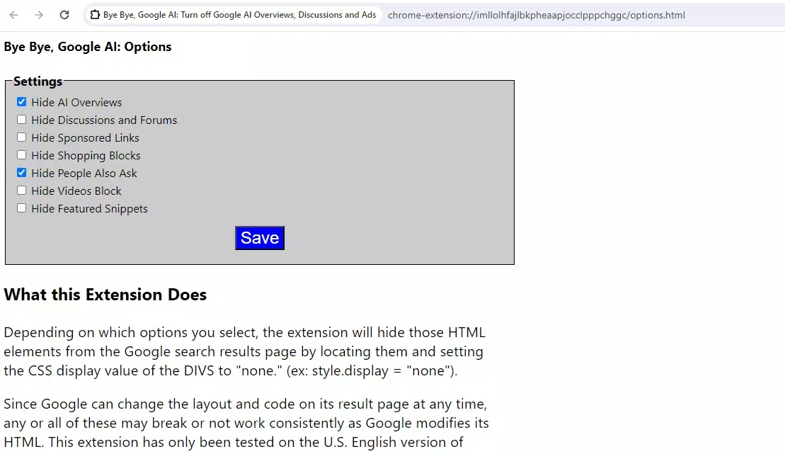 Tiện ích mở rộng Bye Bye, Google AI dành cho trình duyệt Chrome (Ảnh: Internet) Tiện ích mở rộng Bye Bye, Google AI dành cho trình duyệt Chrome (Ảnh: Internet)