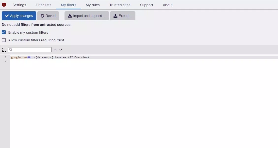 Sử dụng bộ lọc uBlock cho AI Overviews (Ảnh: Internet) Sử dụng bộ lọc uBlock cho AI Overviews (Ảnh: Internet)