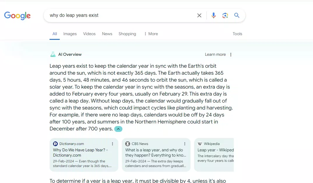 Kết quả tổng hợp do AI Overviews đưa ra khi tìm kiếm trên Google (Ảnh: Internet) Kết quả tổng hợp do AI Overviews đưa ra khi tìm kiếm trên Google (Ảnh: Internet)