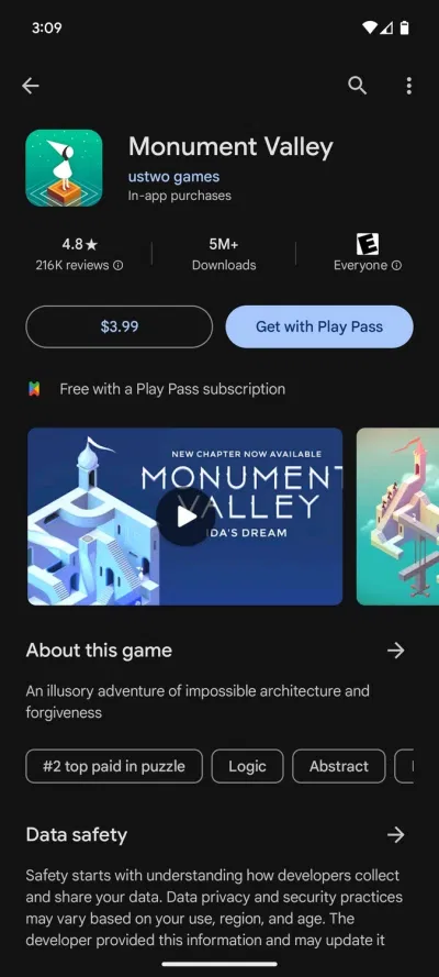Tùy chọn chơi game Monument Valley với Google Play Pass (Ảnh: Internet) Tùy chọn chơi game Monument Valley với Google Play Pass (Ảnh: Internet)