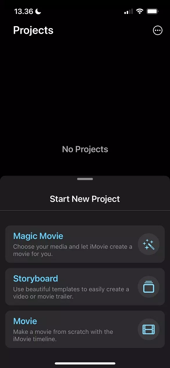 Tạo dự án video trong ứng dụng iMovie (Ảnh: Internet)