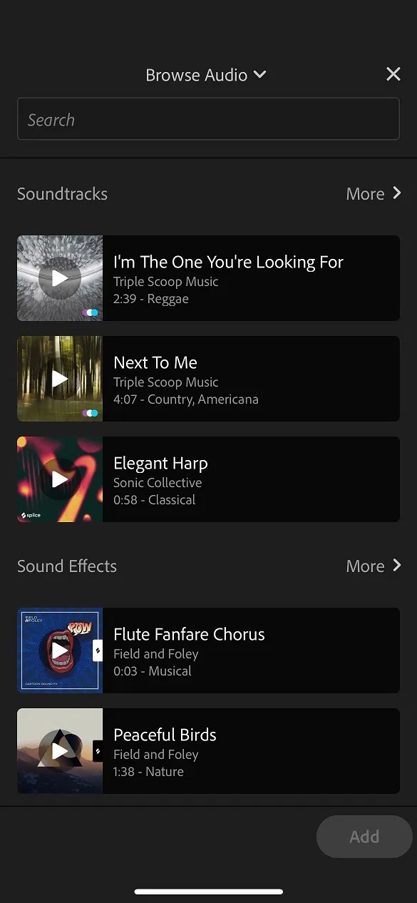 Chèn nhạc cho video trong Premiere Rush (Ảnh: Internet) Chèn nhạc cho video trong Premiere Rush (Ảnh: Internet)