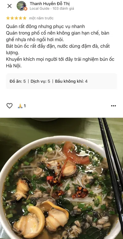 Nhận xét của khách hàng về quán bún ốc cô Huệ (Nguồn: Internet) Nhận xét của khách hàng về quán bún ốc cô Huệ (Nguồn: Internet)