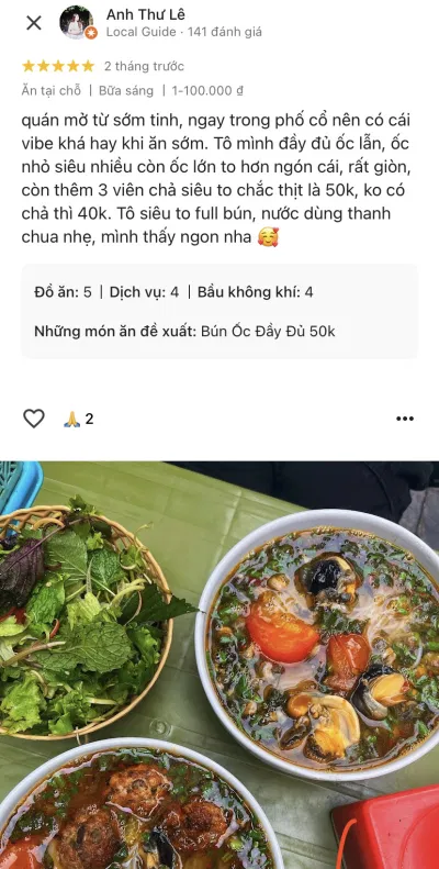 Nhận xét của khách hàng về quán bún ốc cô Huệ (Nguồn: Internet) Nhận xét của khách hàng về quán bún ốc cô Huệ (Nguồn: Internet)