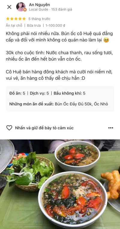 Nhận xét của khách hàng về quán bún ốc cô Huệ (Nguồn: Internet) Nhận xét của khách hàng về quán bún ốc cô Huệ (Nguồn: Internet)