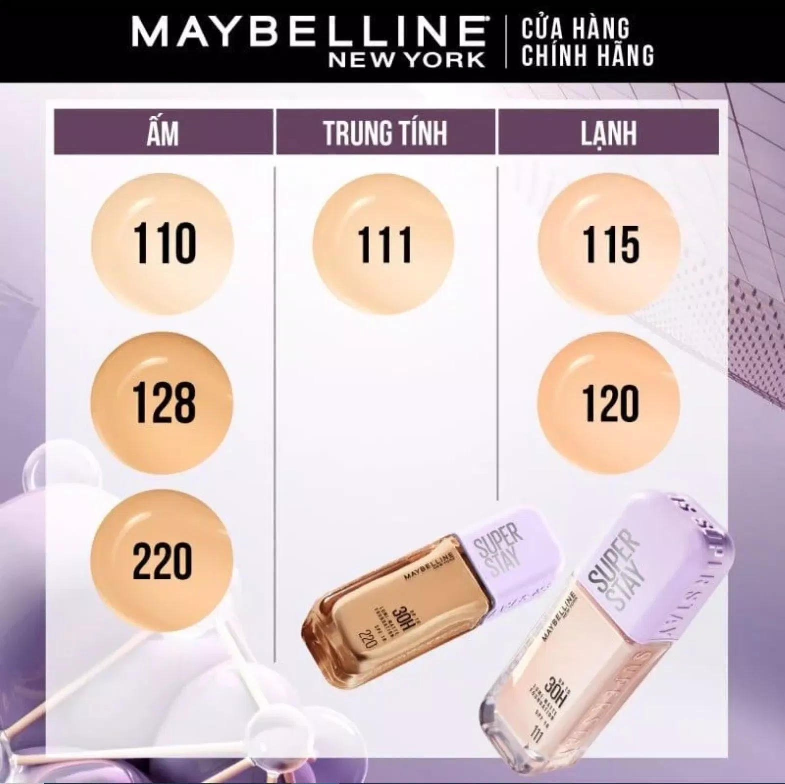 Các tone màu của kem nền bắt sáng Maybelline Superstay Lumi Matte 30H (Nguồn: Maybelline)