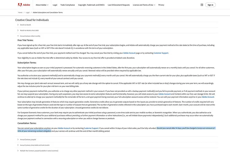 Chính sách hủy đăng ký của Adobe đối với gói đăng ký theo năm (Ảnh: Internet) Chính sách hủy đăng ký của Adobe đối với gói đăng ký theo năm (Ảnh: Internet)