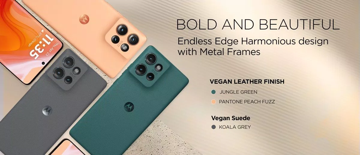Motorola Edge 50 sở hữu ba tùy chọn màu sắc thời thượng: Xanh rêu, Cam đào Pantone (lưng giả da) và Xám Koala (lưng giả da lộn) (Ảnh: Internet)