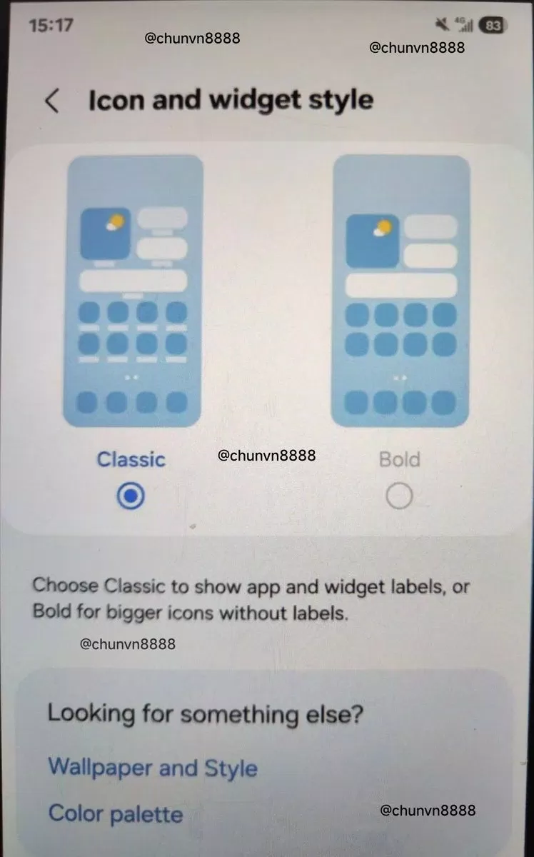 Ảnh chụp màn hình cho thấy hai tùy chọn cài đặt mới cho kiểu biểu tượng và tiện ích: "Classic" và "Bold". Chế độ "Classic" giữ nguyên nhãn biểu tượng ứng dụng nhưng bổ sung nhãn Widget trên màn hình chính, tương tự như iOS (Ảnh: Internet)