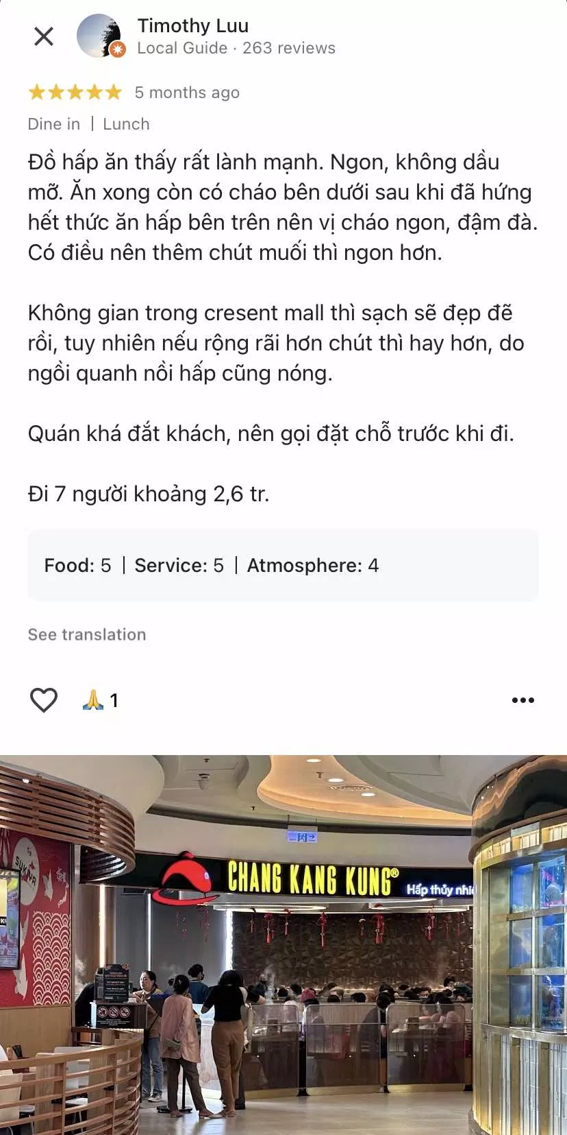 Nhận xét của khách hàng về nhà hàng Chang Kang Kung (nguồn: Internet)