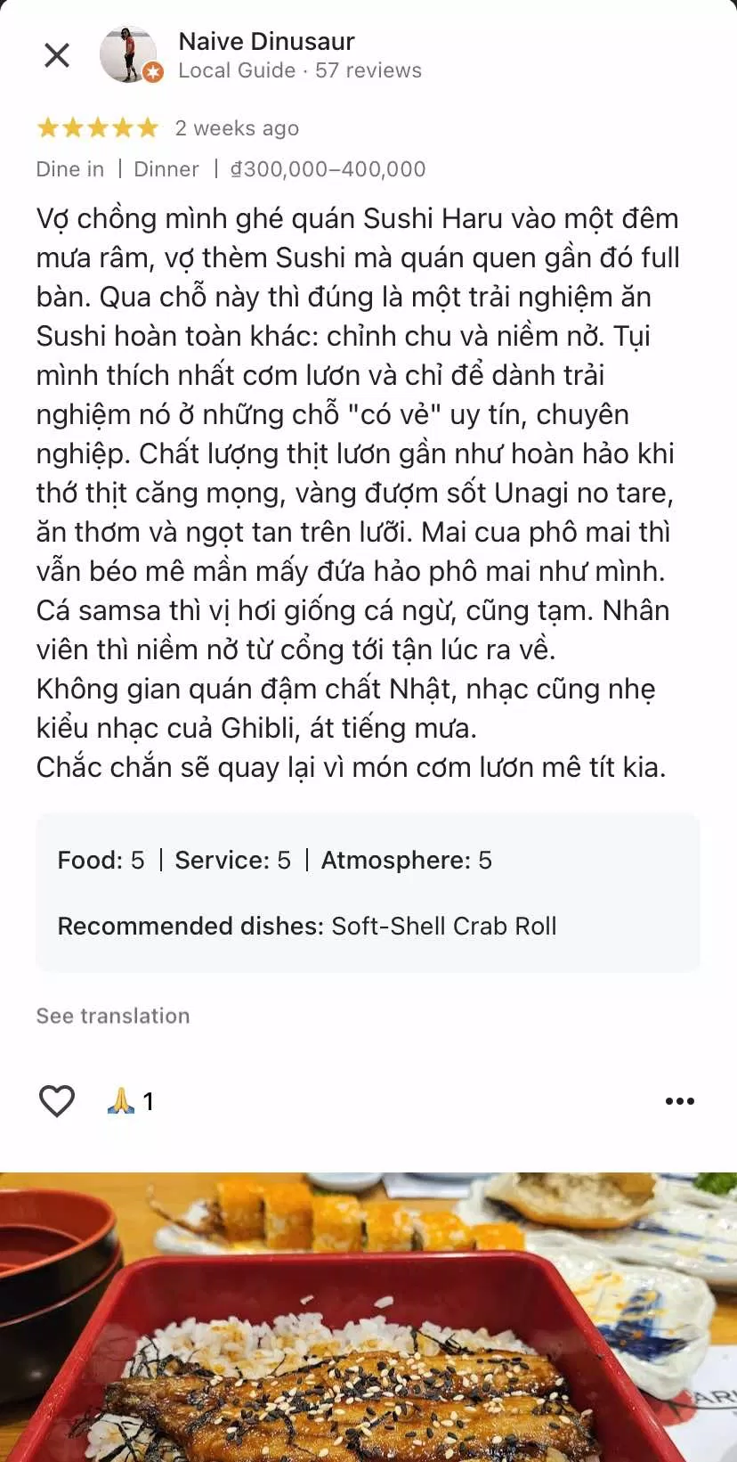 Nhận xét của khách hàng về chi nhánh Sushi Haru tại quận 3 (nguồn: Internet)