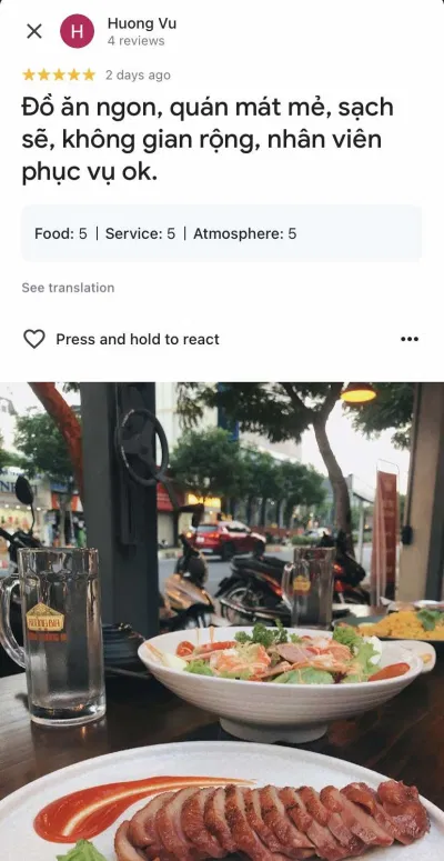 Nhận xét của khách hàng về Xưởng Bia Restaurant (nguồn: Internet)