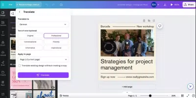 Điều chỉnh phần cài đặt của tính năng dịch ngôn ngữ trong Canva (Ảnh: Internet) Điều chỉnh phần cài đặt của tính năng dịch ngôn ngữ trong Canva (Ảnh: Internet)
