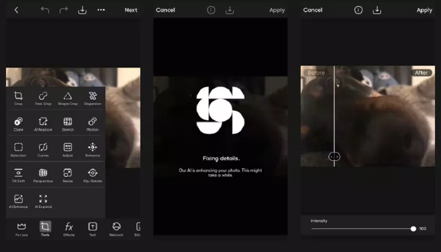 Xóa mờ hình ảnh bằng công cụ AI Enhance trong ứng dụng Picsart (Ảnh: Internet) Xóa mờ hình ảnh bằng công cụ AI Enhance trong ứng dụng Picsart (Ảnh: Internet)