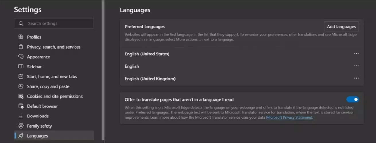 Cài đặt dịch ngôn ngữ trong trình duyệt Microsoft Edge trên máy tính (Ảnh: Internet) Cài đặt dịch ngôn ngữ trong trình duyệt Microsoft Edge trên máy tính (Ảnh: Internet)