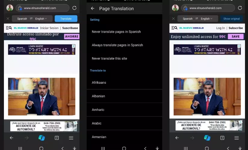 Dịch trang web tiếng Tây Ban Nha sang tiếng Anh trong trình duyệt Edge trên thiết bị di động (Ảnh: Internet) Dịch trang web tiếng Tây Ban Nha sang tiếng Anh trong trình duyệt Edge trên thiết bị di động (Ảnh: Internet)