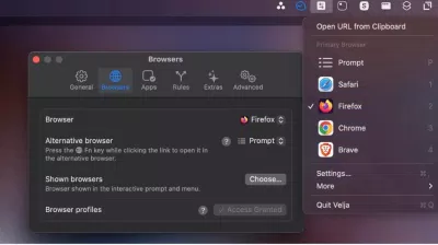 Các mục trong thanh menu của ứng dụng Velja trên máy Mac (Ảnh: Internet) Các mục trong thanh menu của ứng dụng Velja trên máy Mac (Ảnh: Internet)