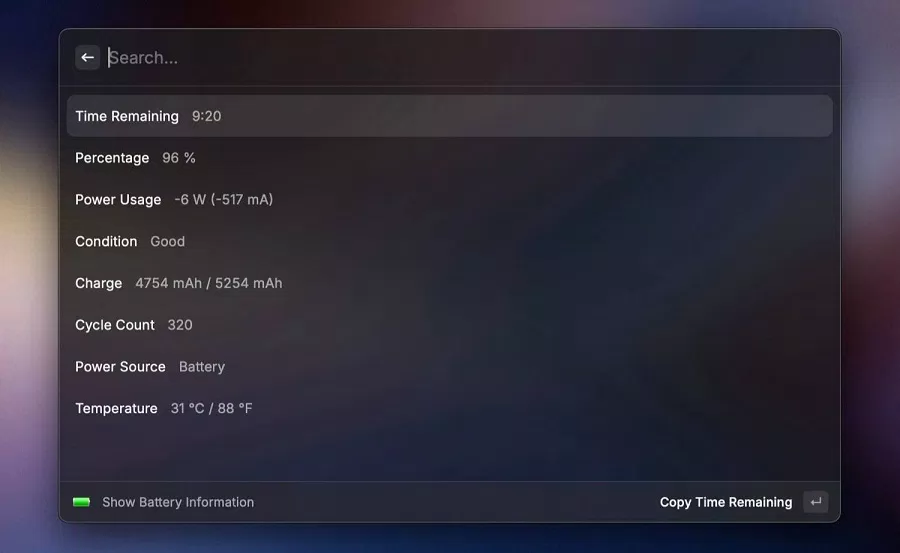 Xem tình trạng pin bằng ứng dụng Raycast trên máy Mac (Ảnh: Internet)