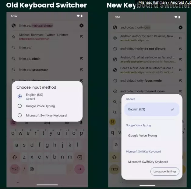 Công cụ chuyển đổi bàn phím trong phiên bản Android 15 QPR1 (Ảnh: Internet) Công cụ chuyển đổi bàn phím trong phiên bản Android 15 QPR1 (Ảnh: Internet)