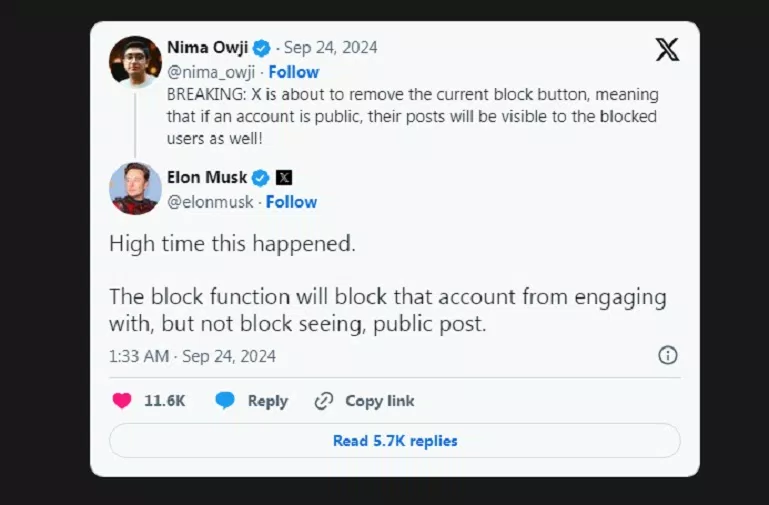 Elon Musk nói về sự thay đổi tính năng chặn người dùng trên X (Ảnh: Internet)