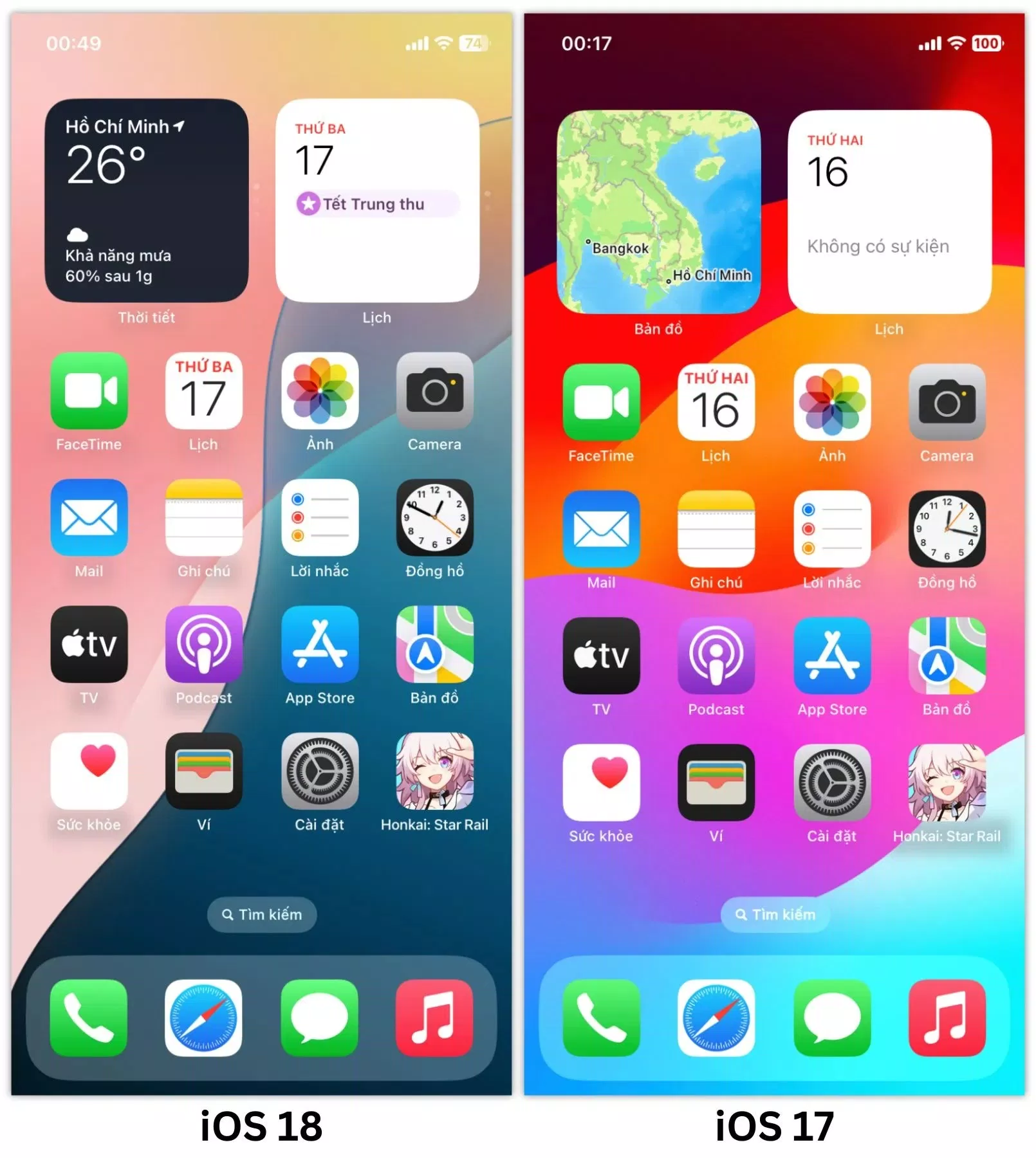 Giao diện trên iOS 17 và iOS 18 (Nguồn: Internet)