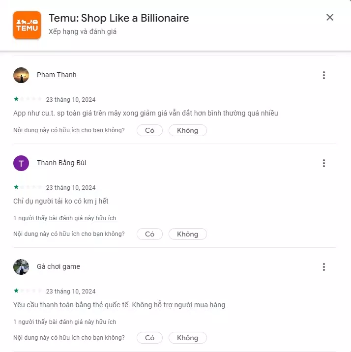 Temu nhận được nhiều đánh giá tiêu cực trên app.