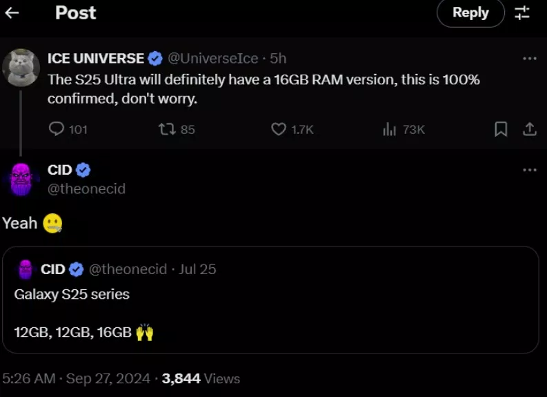 Tài khoản Ice Universe tiết lộ về RAM của điện thoại Galaxy S25 Ultra (Ảnh: Internet)