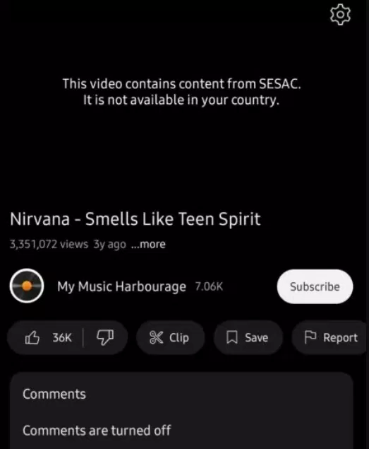 Thông báo lỗi cấp phép của SESAC khi xem video trên YouTube (Ảnh: Internet) Thông báo lỗi cấp phép của SESAC khi xem video trên YouTube (Ảnh: Internet)