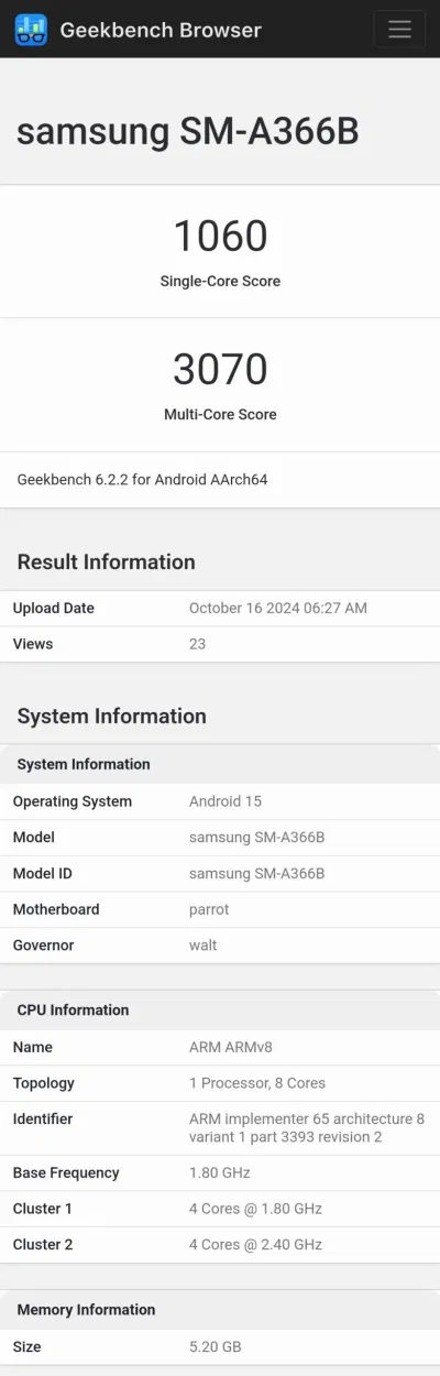 Điểm Geekbench của Galaxy A36 (Ảnh: Internet) Điểm Geekbench của Galaxy A36 (Ảnh: Internet)