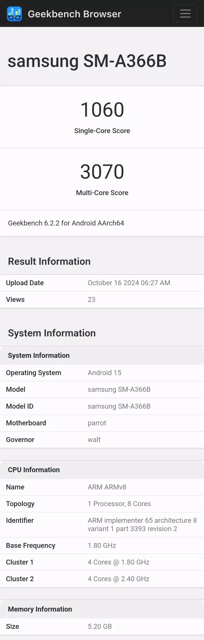 Điểm Geekbench của Galaxy A36 (Ảnh: Internet)