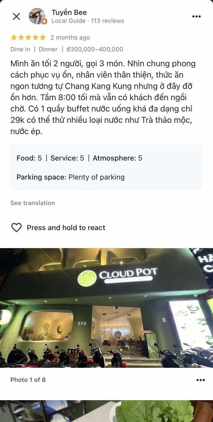Đánh giá của khách hàng về nhà hàng Cloud Pot (nguồn: Internet)