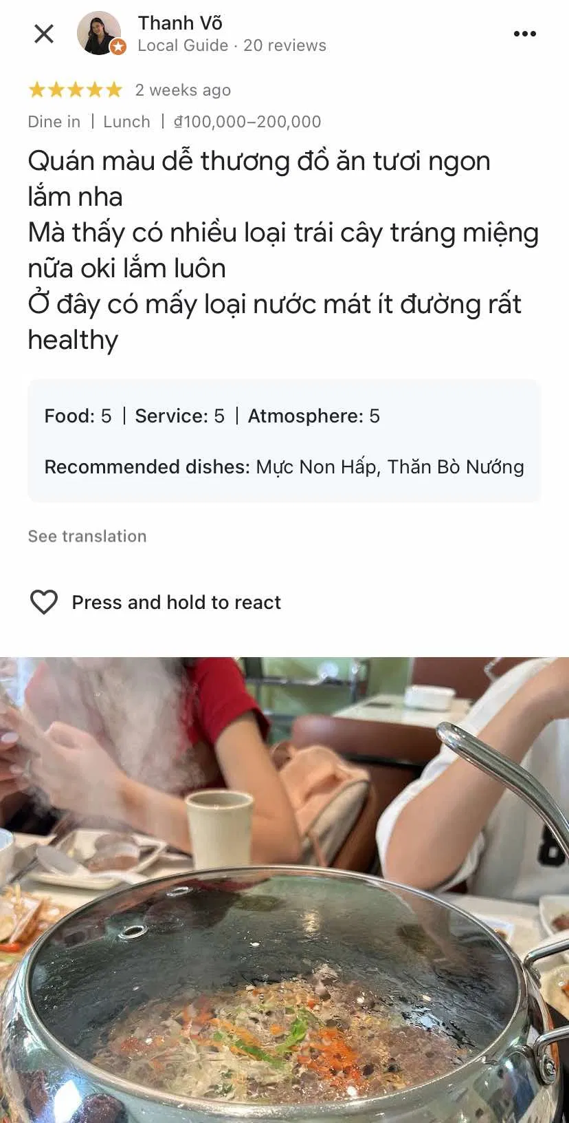 Đánh giá của khách hàng về nhà hàng Cloud Pot (nguồn: Internet)