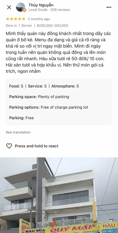 Nhận xét của khách hàng về quán hàu sữa Quý Mập (nguồn: Internet)