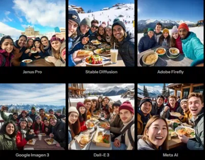 So sánh hình ảnh selfie nhóm người do các mô hình AI tạo ra (Ảnh: Internet) So sánh hình ảnh selfie nhóm người do các mô hình AI tạo ra (Ảnh: Internet)