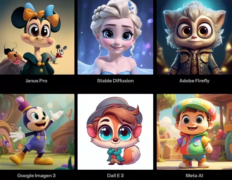 So sánh hình ảnh các nhân vật hoạt hình do các mô hình AI tạo ra (Ảnh: Internet) So sánh hình ảnh các nhân vật hoạt hình do các mô hình AI tạo ra (Ảnh: Internet)