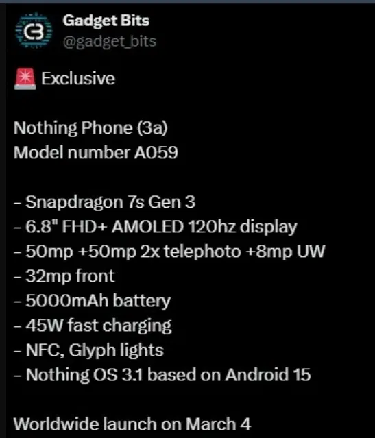 Các thông số của điện thoại Nothing Phone 3a được tiết lộ bởi tài khoản gadget_bits (Ảnh: Internet) Các thông số của điện thoại Nothing Phone 3a được tiết lộ bởi tài khoản gadget_bits (Ảnh: Internet)