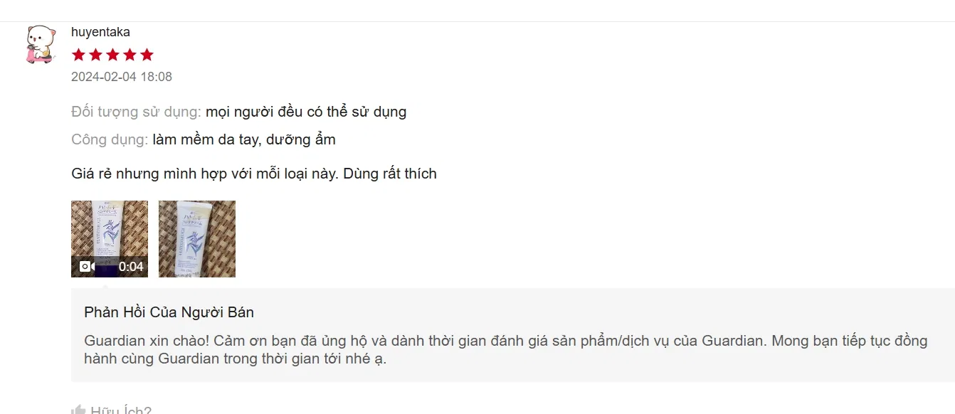 Đánh giá của khách hàng về kem dưỡng tay Reihaku Hatomugi (Nguồn: Internet) Đánh giá của khách hàng về kem dưỡng tay Reihaku Hatomugi (Nguồn: Internet)