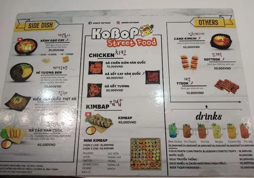Menu của quán Kobop Korean Food (nguồn: Internet)