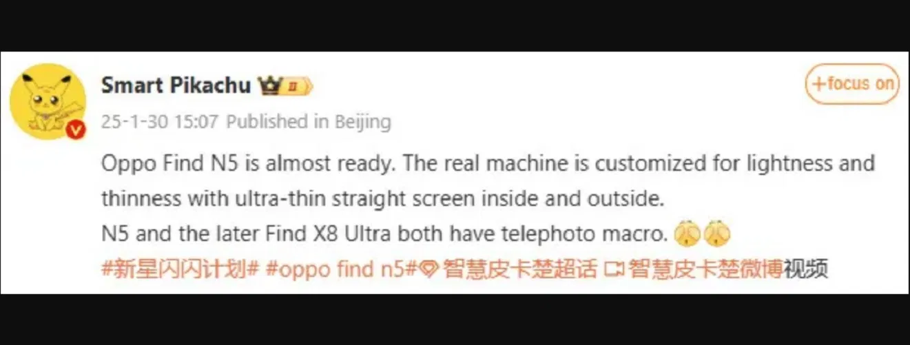 Tài khoản Smart Pikachu tiết lộ về camera của điện thoại OPPO Find N5 - OnePlus Open 2 (Ảnh: Internet)
