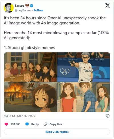 Người dùng trên mạng xã hội chia sẻ hình ảnh do AI tạo ra theo phong cách Ghibli (Ảnh: Internet) Người dùng trên mạng xã hội chia sẻ hình ảnh do AI tạo ra theo phong cách Ghibli (Ảnh: Internet)