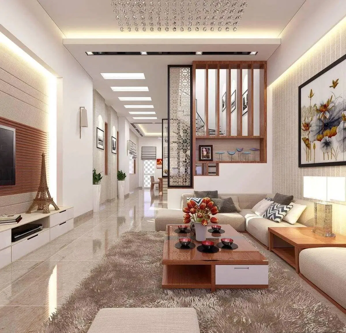 Có thể kết hợp màu trắng với các vật liệu ấm áp như gỗ, vải lanh hay ánh sáng vàng dịu