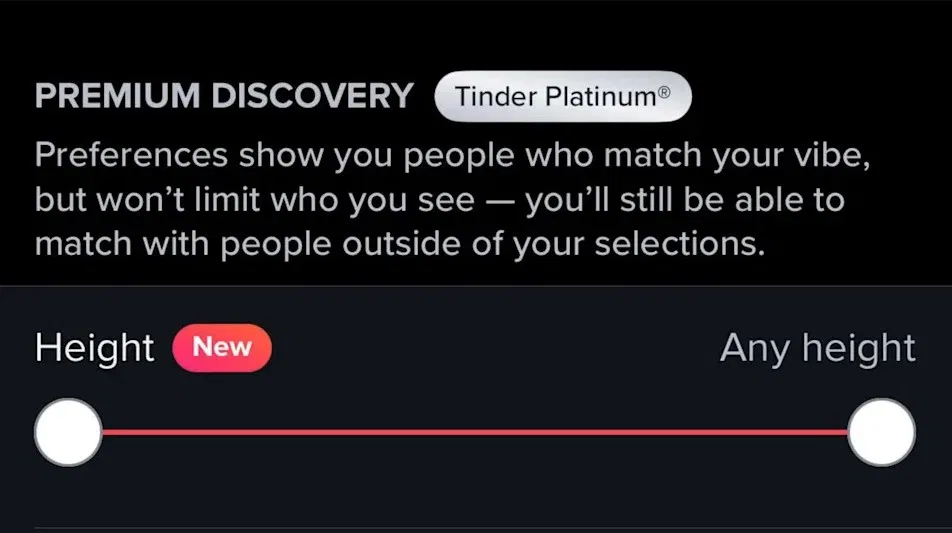 Thanh trượt mới trong ứng dụng Tinder cho phép cài đặt phạm vi chiều cao ưa thích cho các đối tượng (Ảnh: Internet)
