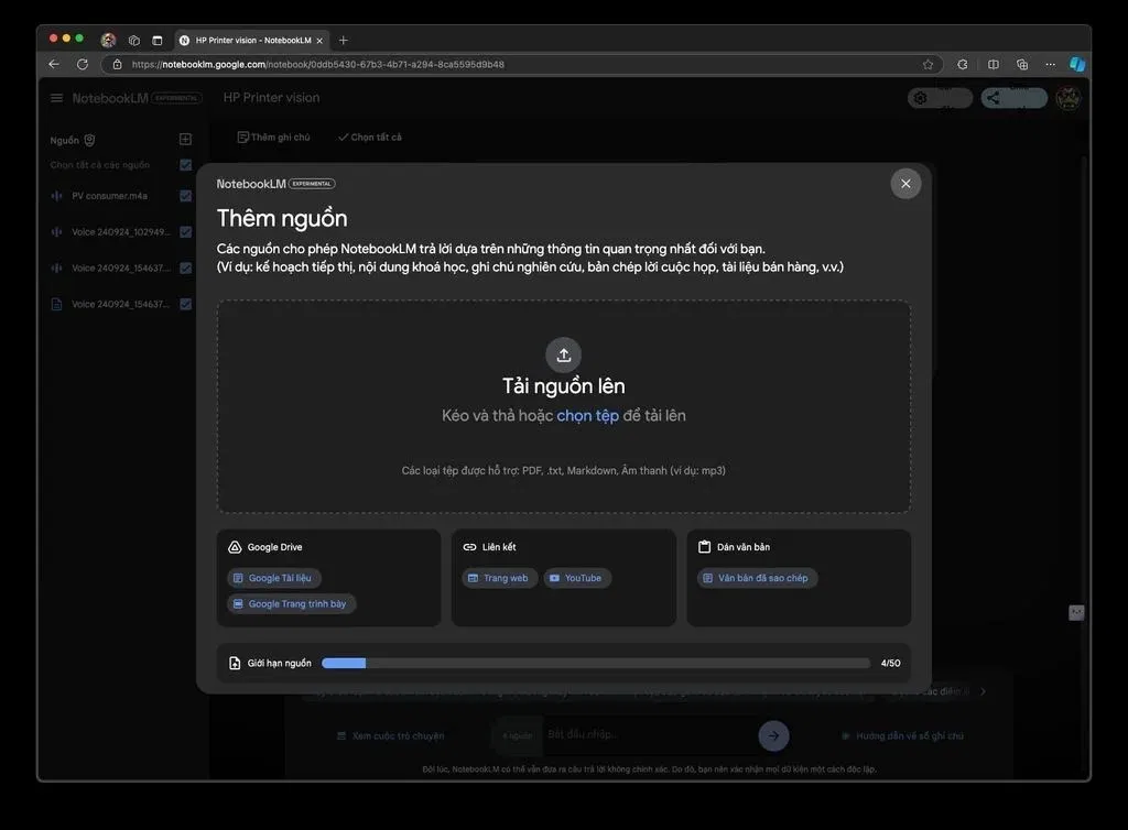 Giao diện bên trong của công cụ NotebookLM (Nguồn: Internet)